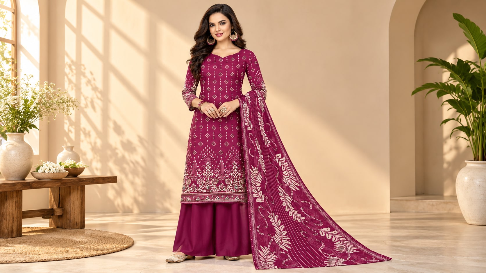 Model wearing the Berry Magenta Elegance Printed Suit Set