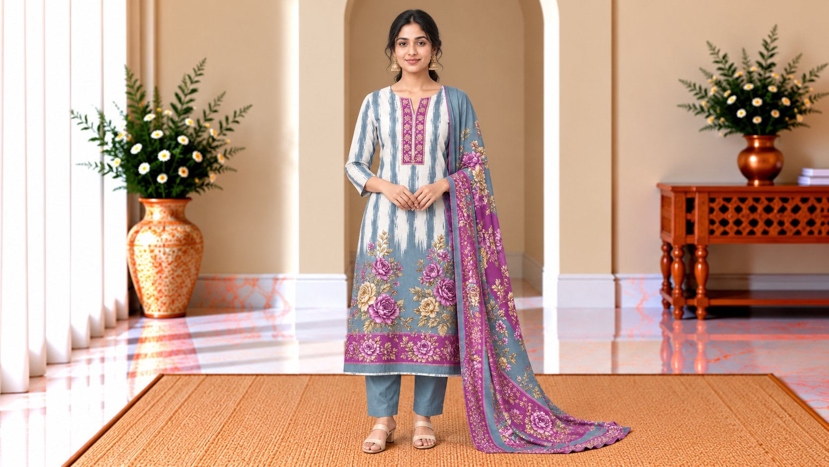 Model wearing the Blue & Purple Floral Printed Suit Set