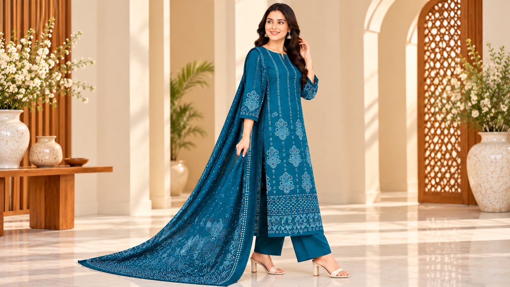 Model wearing the Elegant Teal Blue Printed Suit Fabric Set