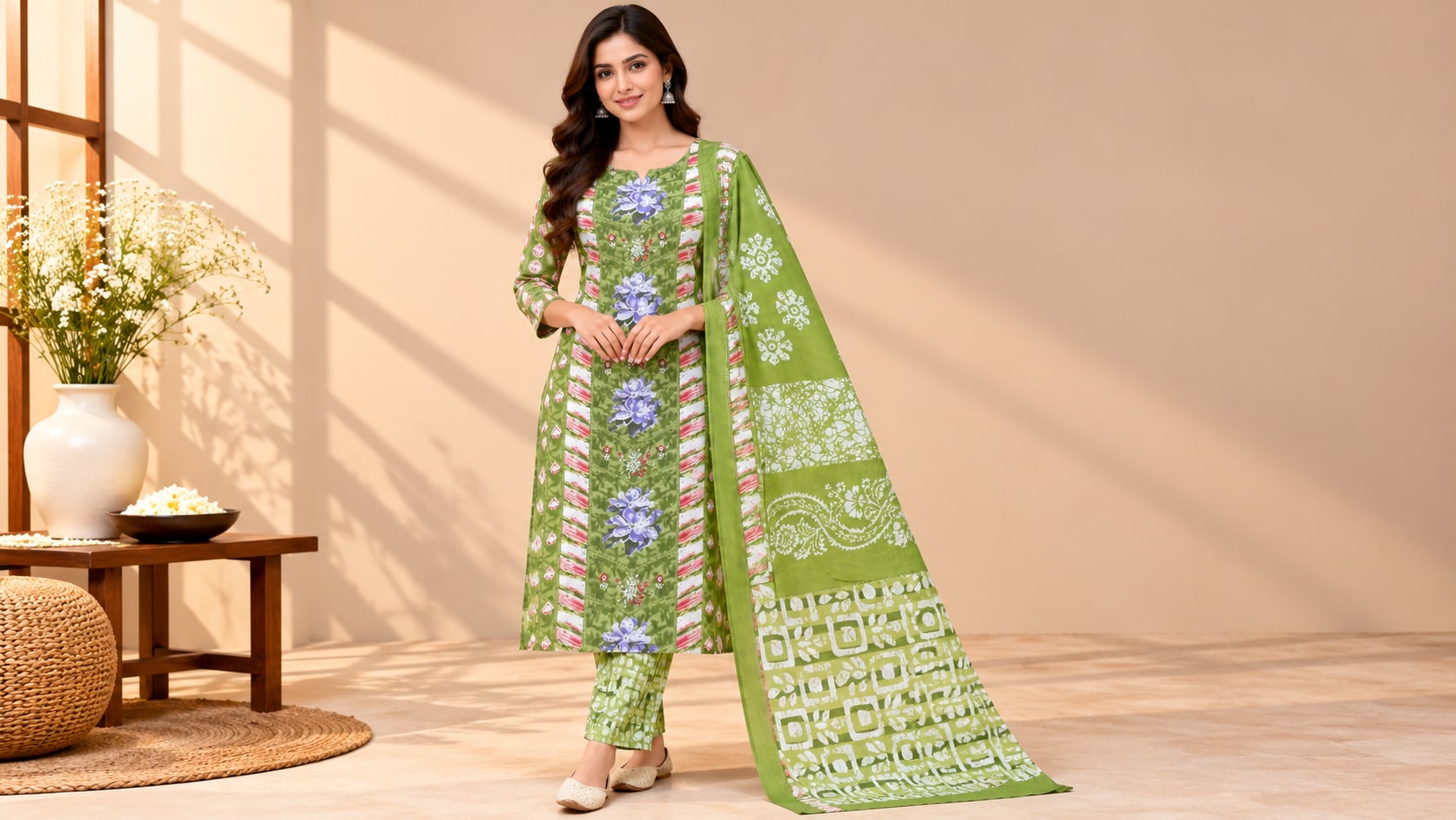 Model wearing the Lime Green Bloom Floral Printed Suit Set