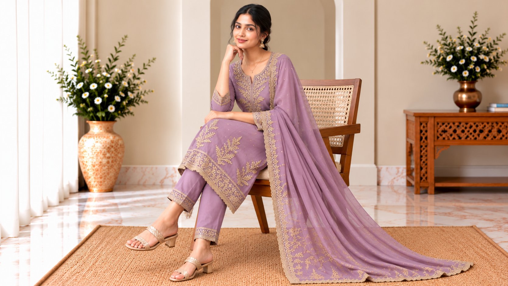 Model wearing the Mauve Purple Embroidered Suit Set