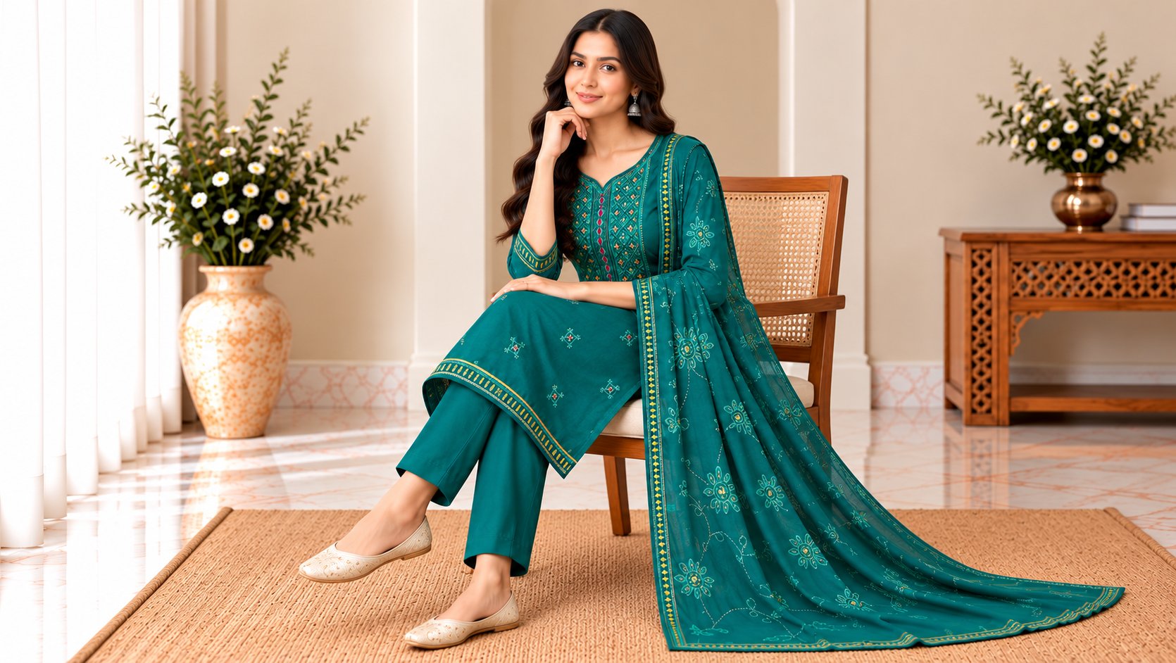 Model wearing the Moonlight Teal Green Embroidered Suit Set