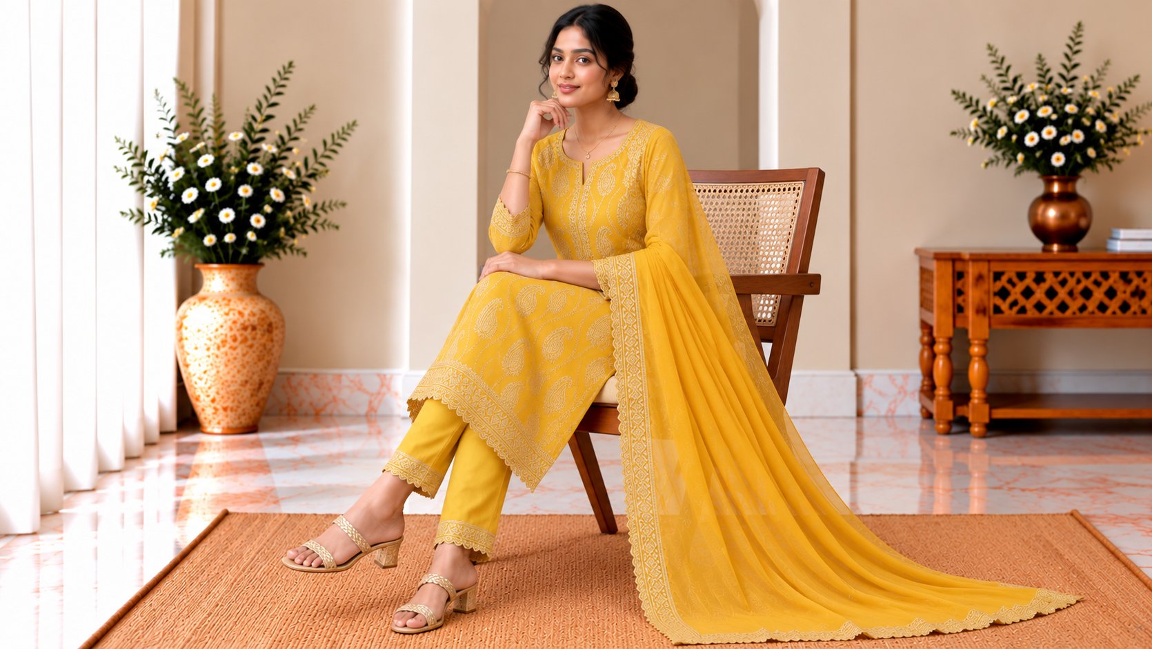 Model wearing the Mustard Yellow Embroidered Suit Set