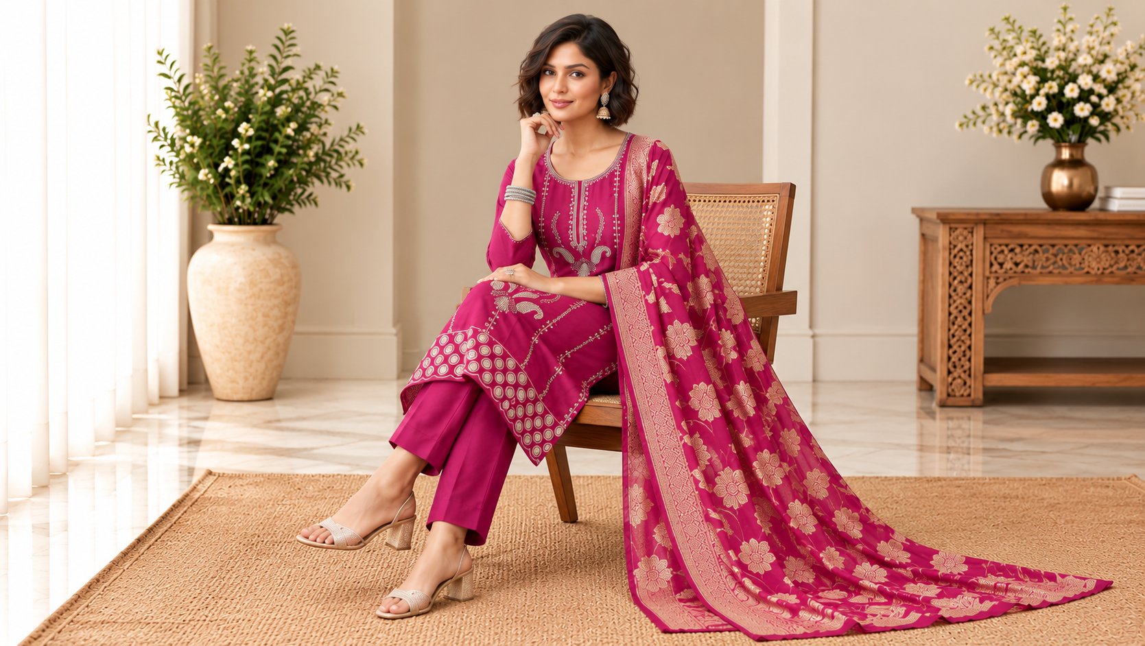 Model wearing the Royal Magenta Embroidered Suit Set