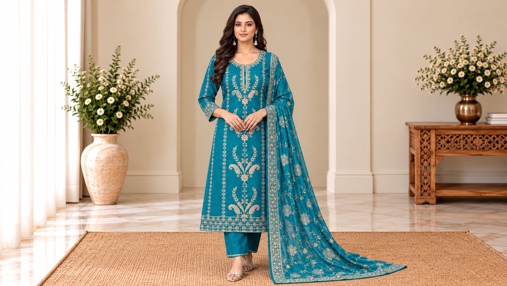 Model wearing the Royal Teal Blue Embroidered Suit Set