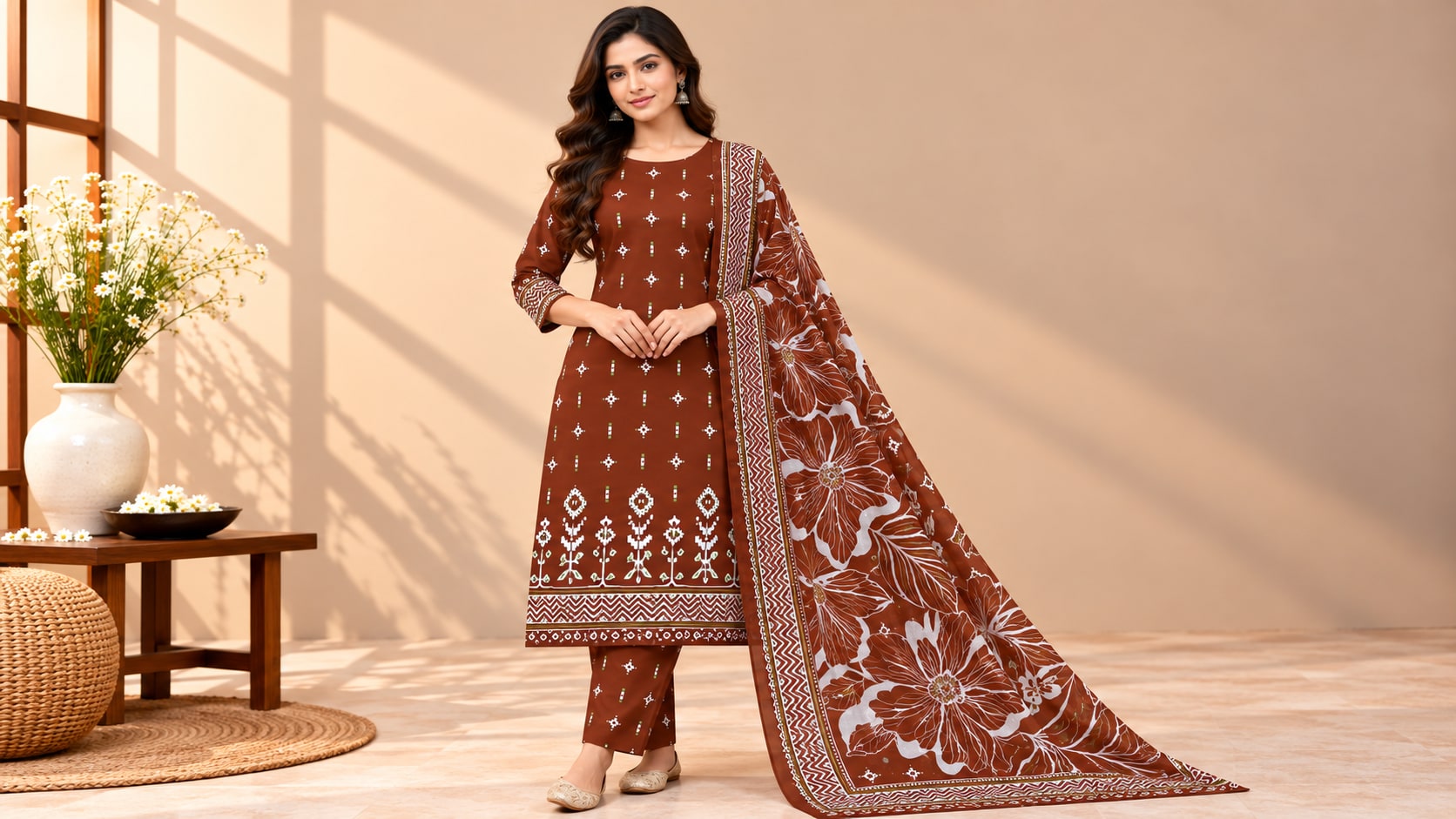 Model wearing the Rust Brown Bloom Floral Printed Suit Set