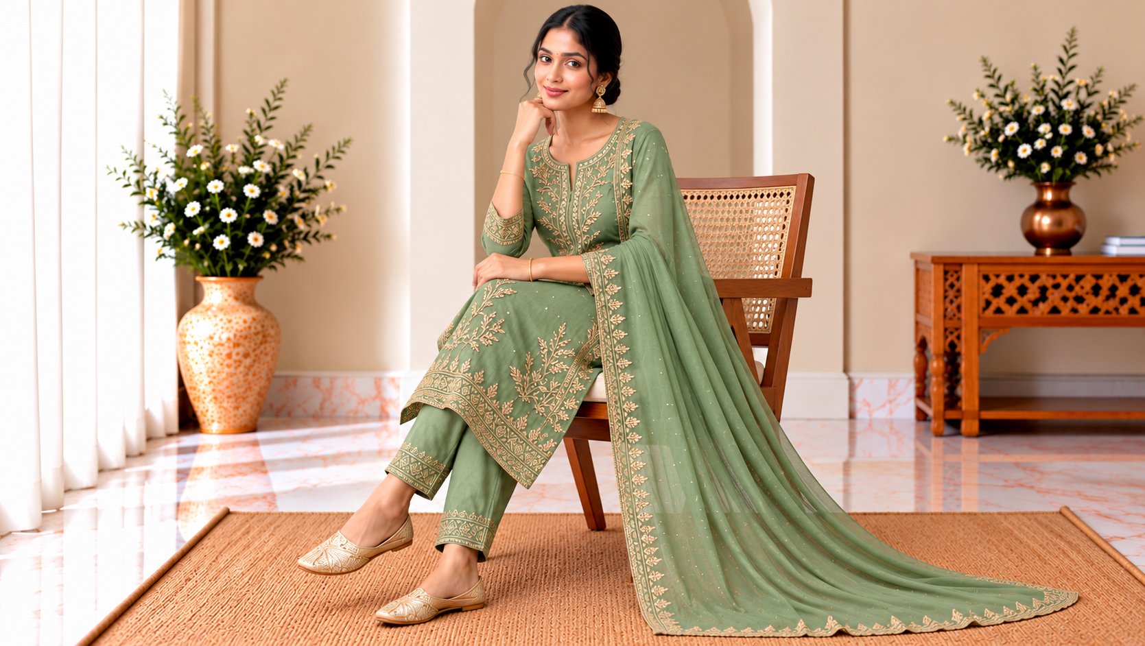 Model wearing the Sage Green Embroidered Suit Set