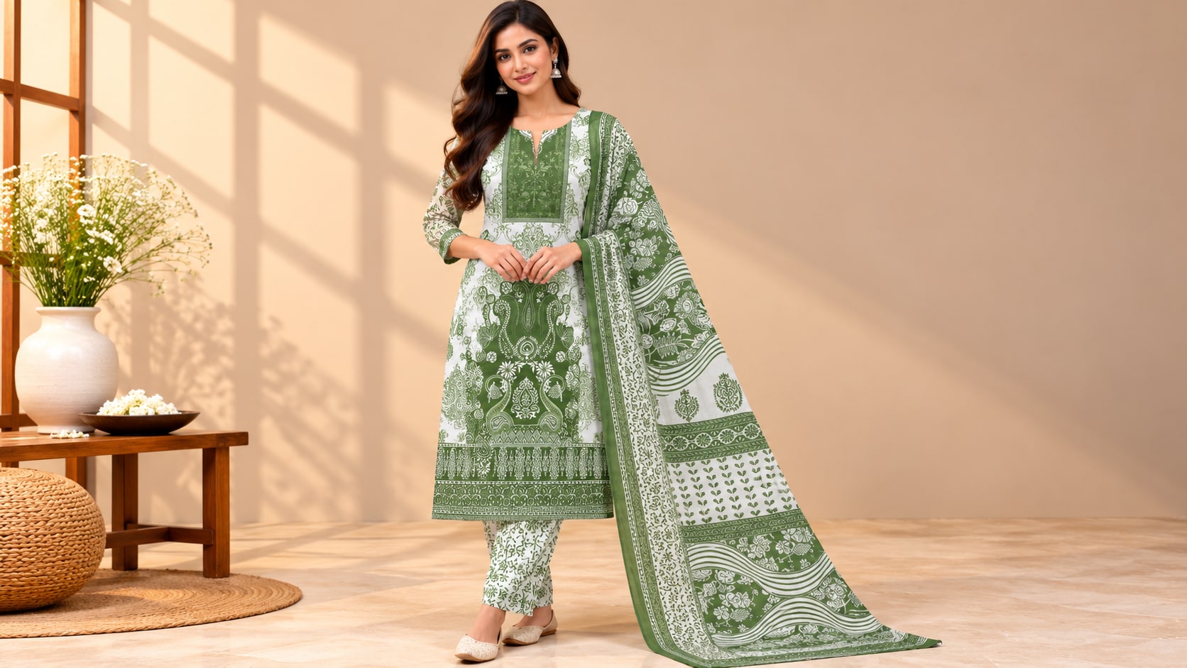 Model wearing the Sage Green Paisley Printed Suit Set