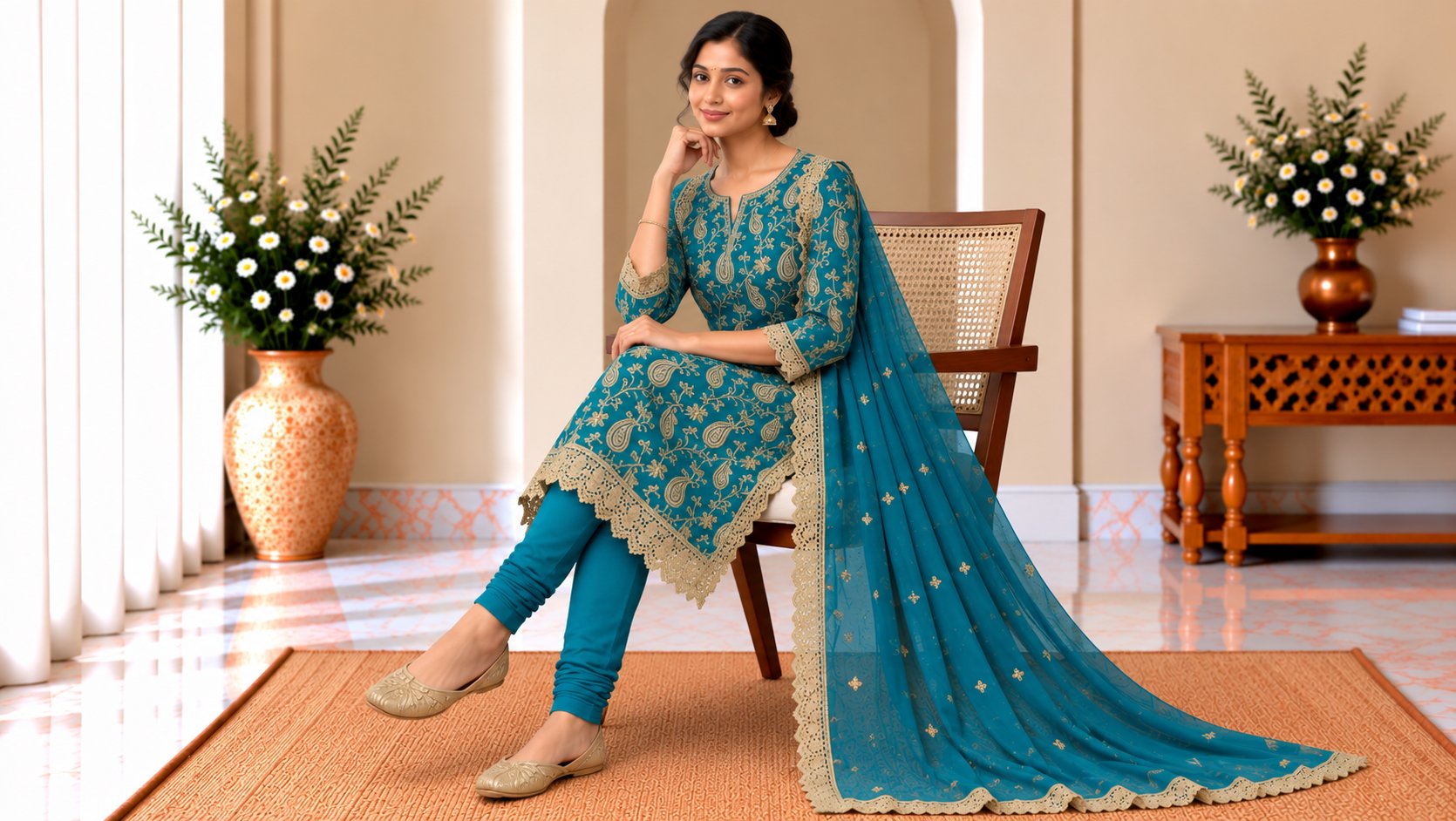 Model wearing the Teal Blue Gold Embroidered Suit Set
