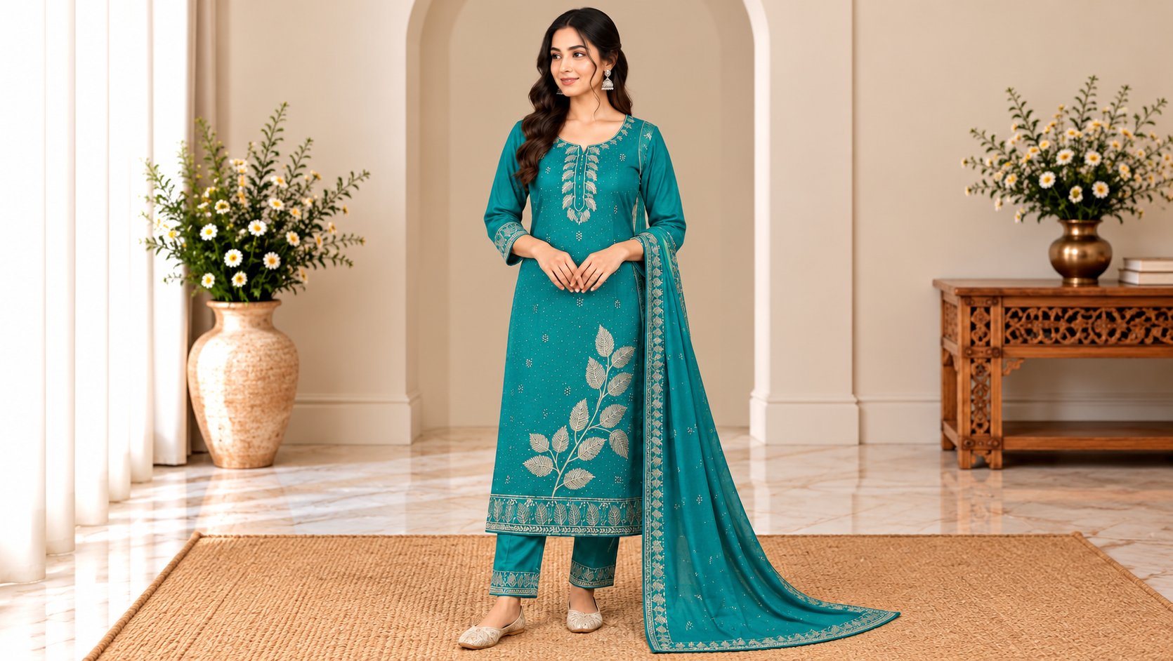 Model wearing the Teal Green Leaf Embroidered Suit Set