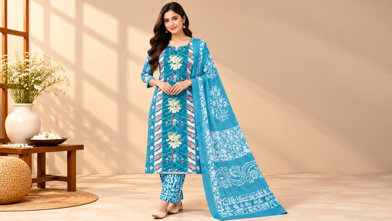 Model wearing the Turquoise Bloom Floral Printed Suit Set