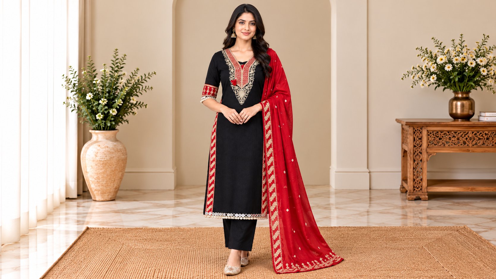 Model wearing the Black & Red Embroidered Premium Cotton Suit Set