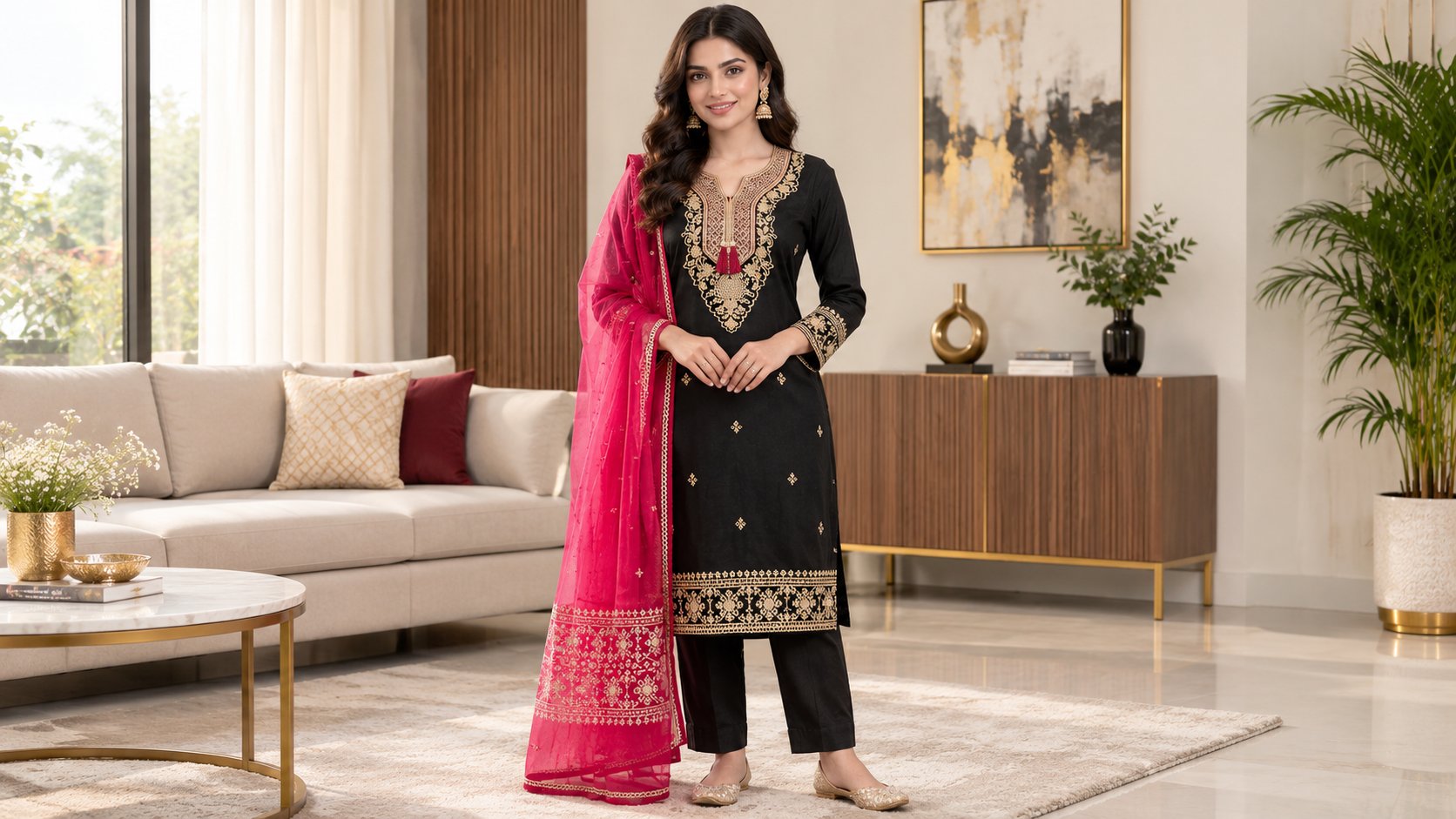 Model wearing the Black Royale Embroidered Suit Set with Pink Dupatta