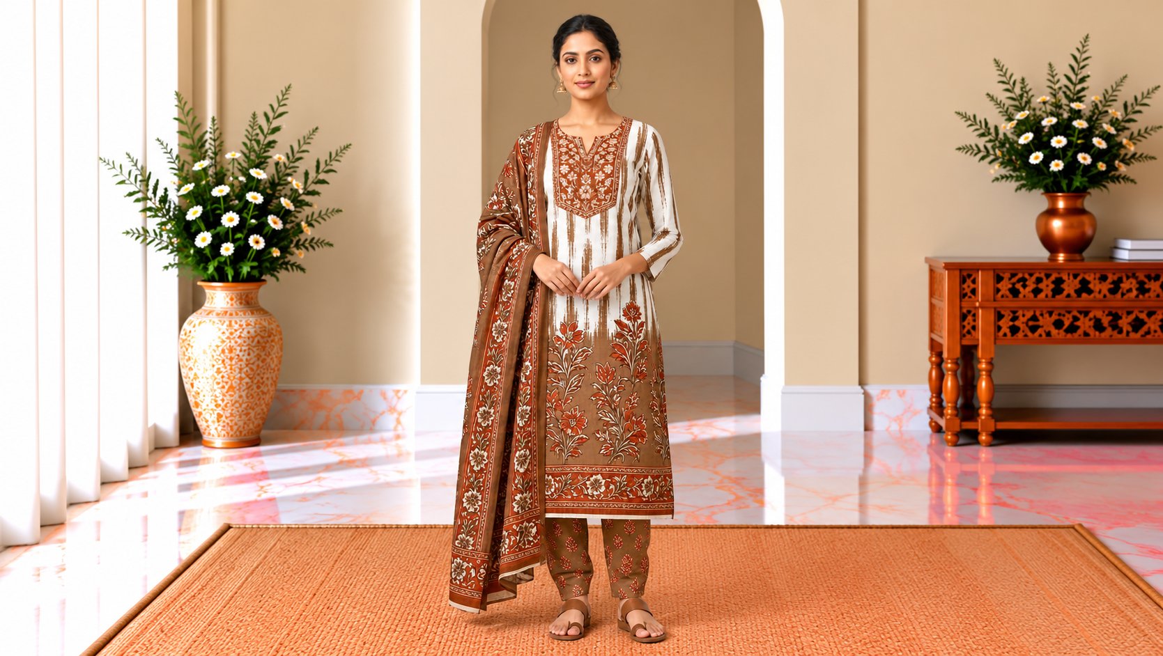 Model wearing the Cream & Rust Brown Floral Printed Suit Set