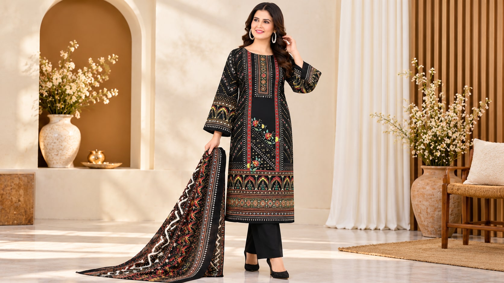 Model wearing the Elegant Black Ethnic Suit with Multicolour Printed Dupatta