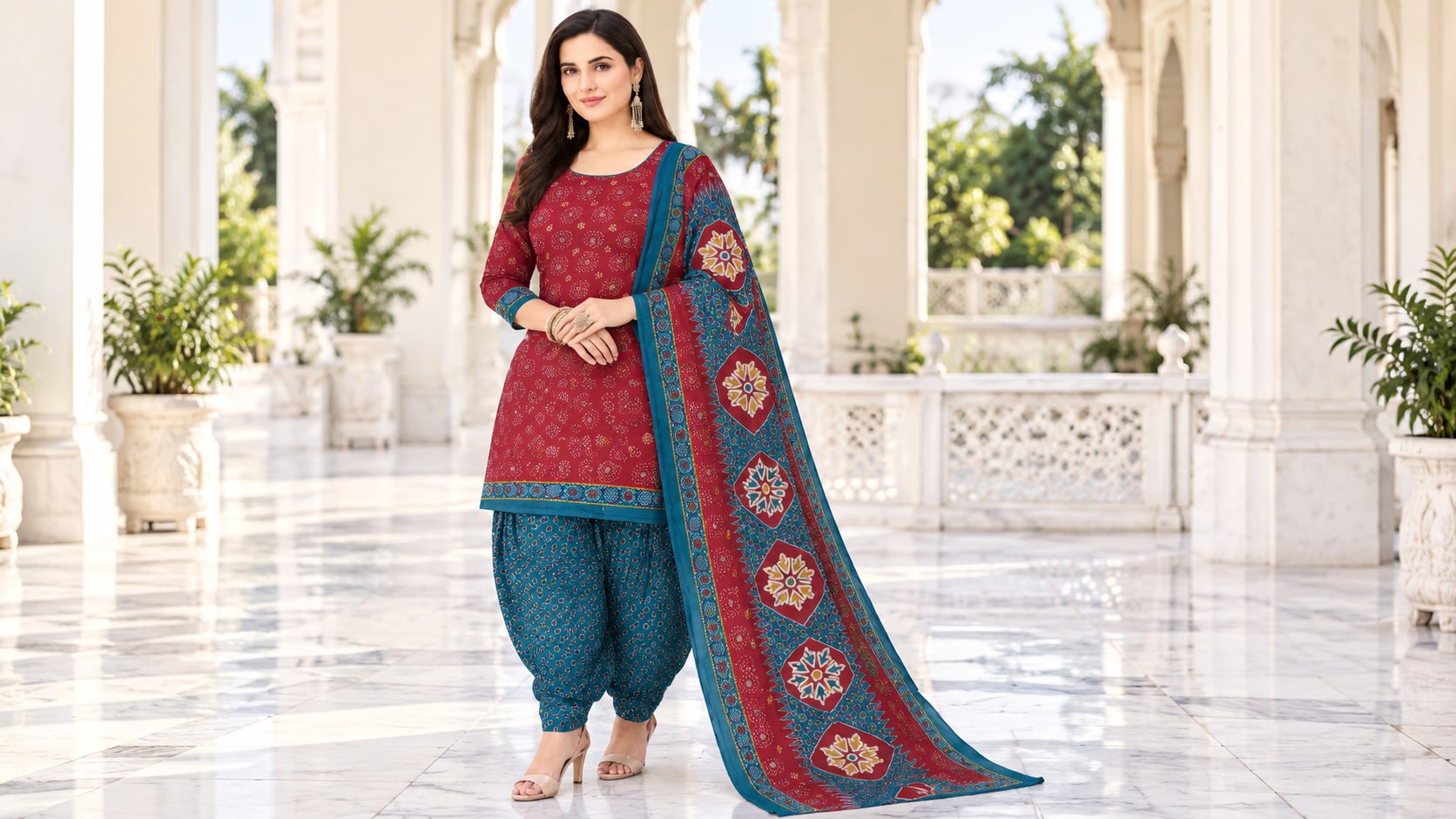 Model wearing the Elegant Maroon & Teal Blue Printed Salwar Suit with Dupatta