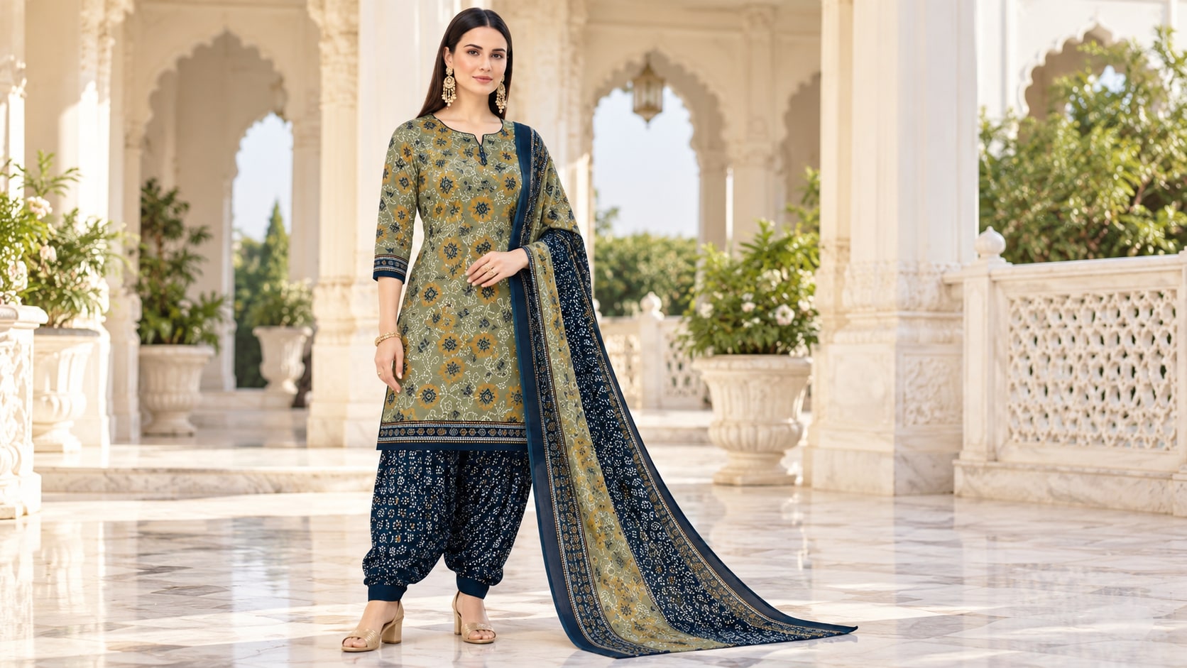 Model wearing the Elegant Olive Green & Navy Blue Printed Patiala Suit with Dupatta