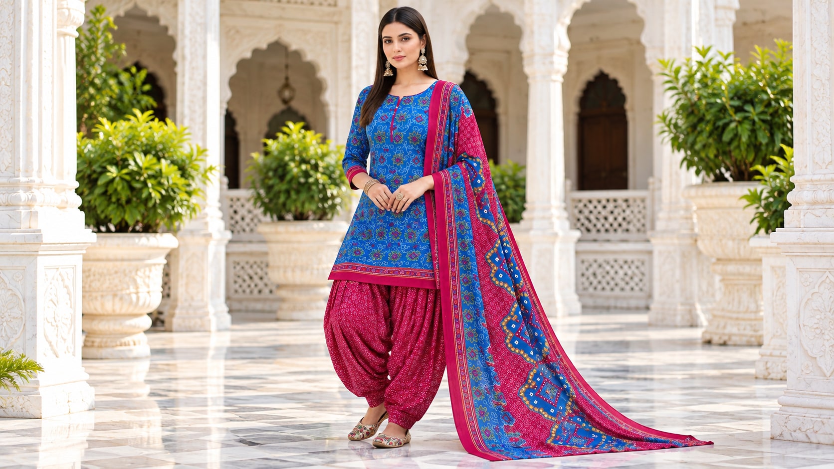 Model wearing the Elegant Royal Blue Printed Patiala Suit with Rani Pink Dupatta