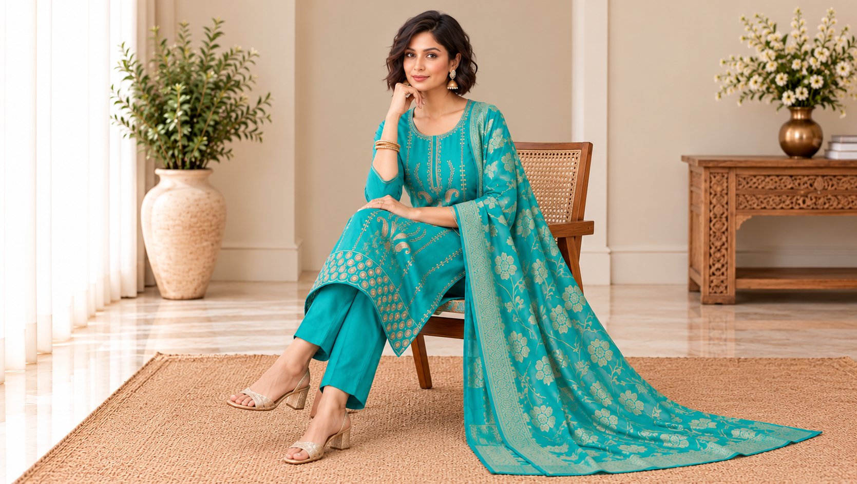 Model wearing the Elegant Teal Blue Embroidered Suit Set