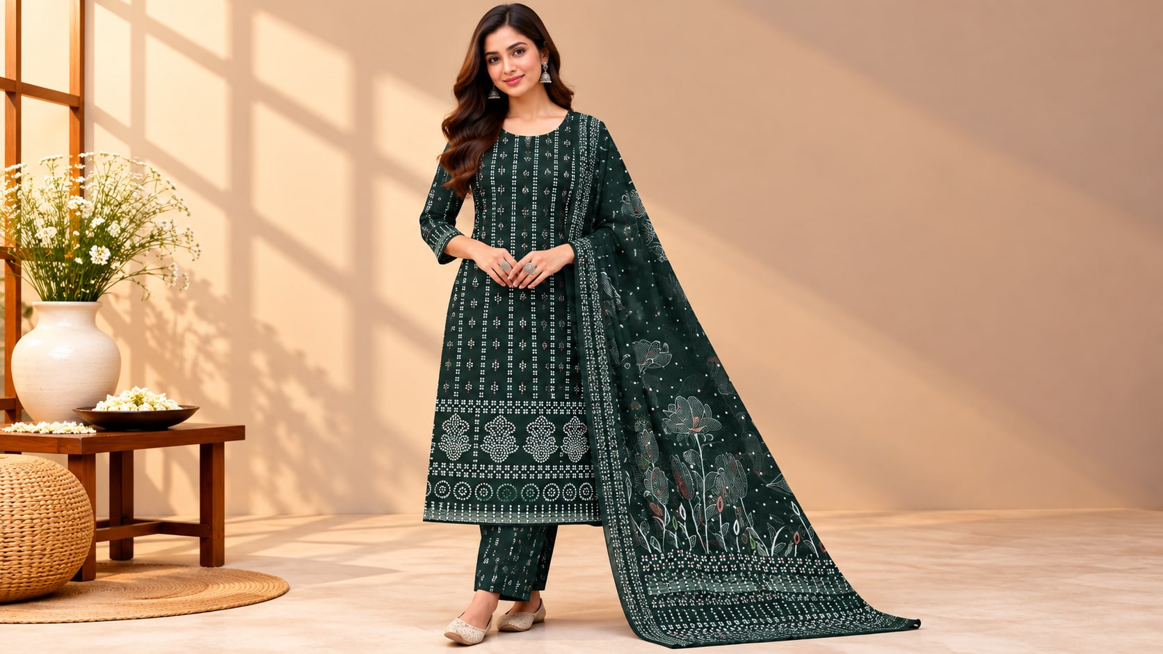 Model wearing the Emerald Noir Forest Green Printed Suit Set