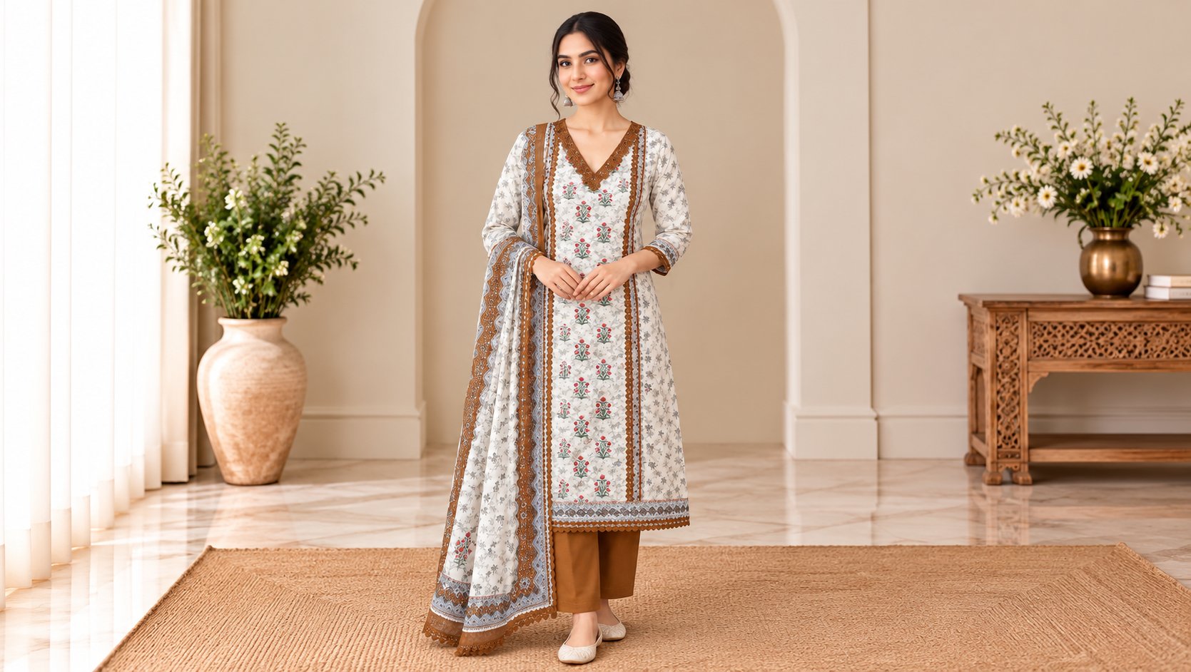 Model wearing the Ivory Floral Printed Suit Set with Mustard Brown Borders