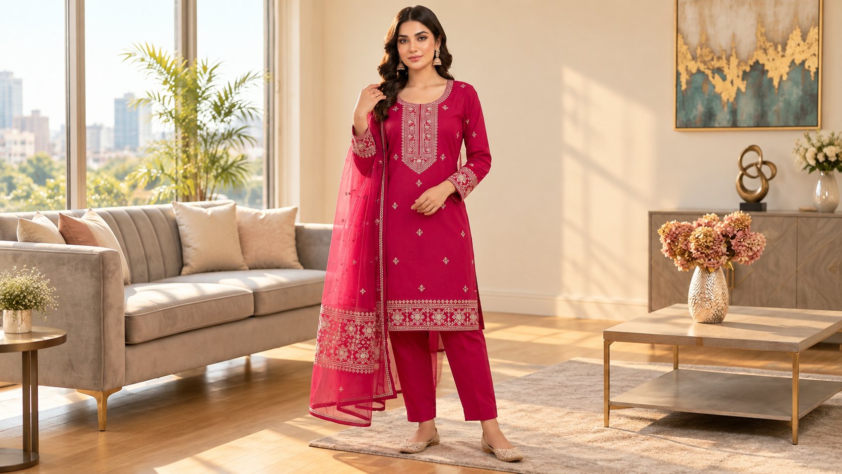 Model wearing the Magenta Elegance Embroidered Suit Set