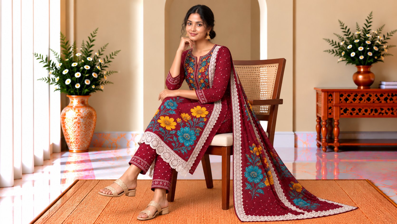 Model wearing the Maroon Floral Printed Suit Set with Multicolour Embroidery
