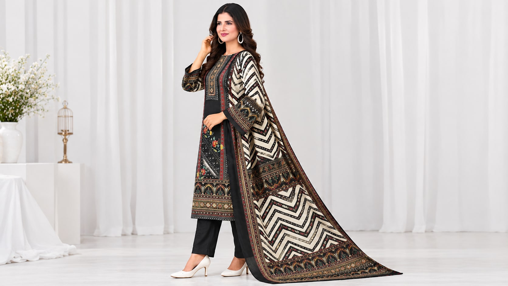 Model wearing the Monochrome Heritage Black & Ivory Printed Suit Set