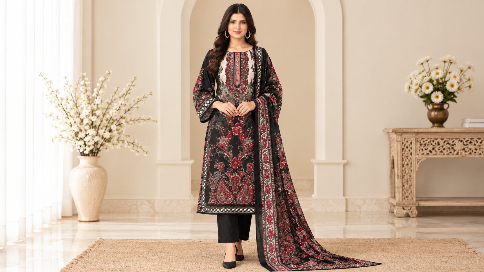Model wearing the Moonlight Black & Maroon Floral Printed Suit Set