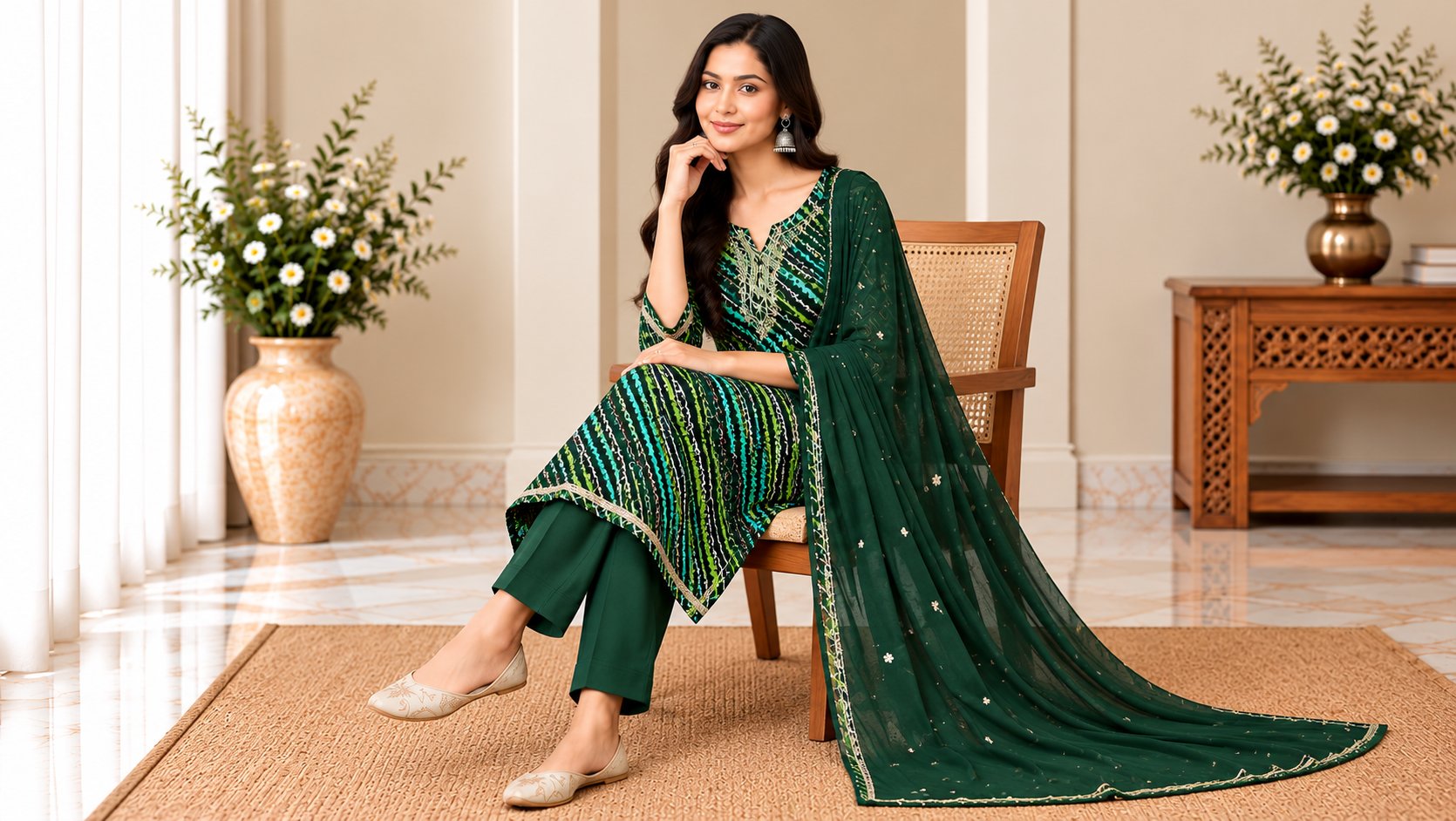 Model wearing the Moonlight Dark Green Printed Suit Set