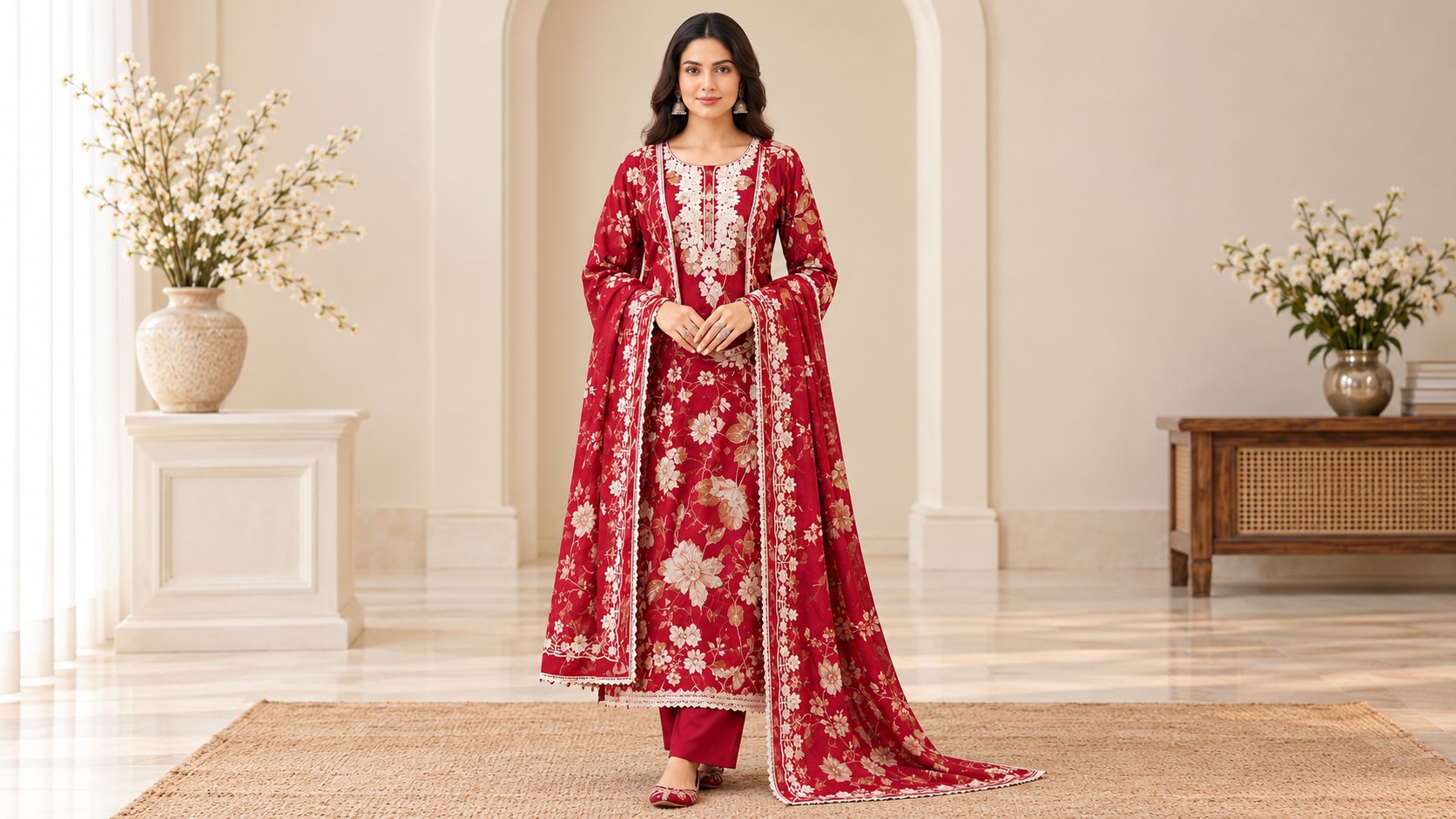 Model wearing the Moonlight Maroon Floral Elegance Suit Set