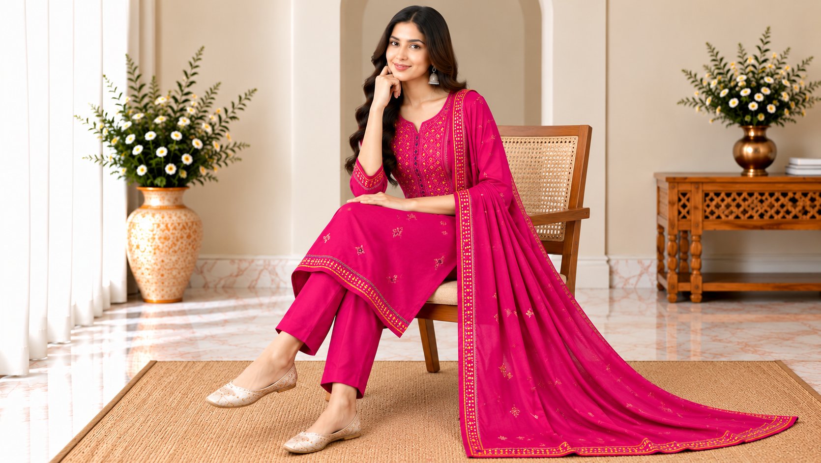 Model wearing the Moonlight Rani Pink Embroidered Suit Set