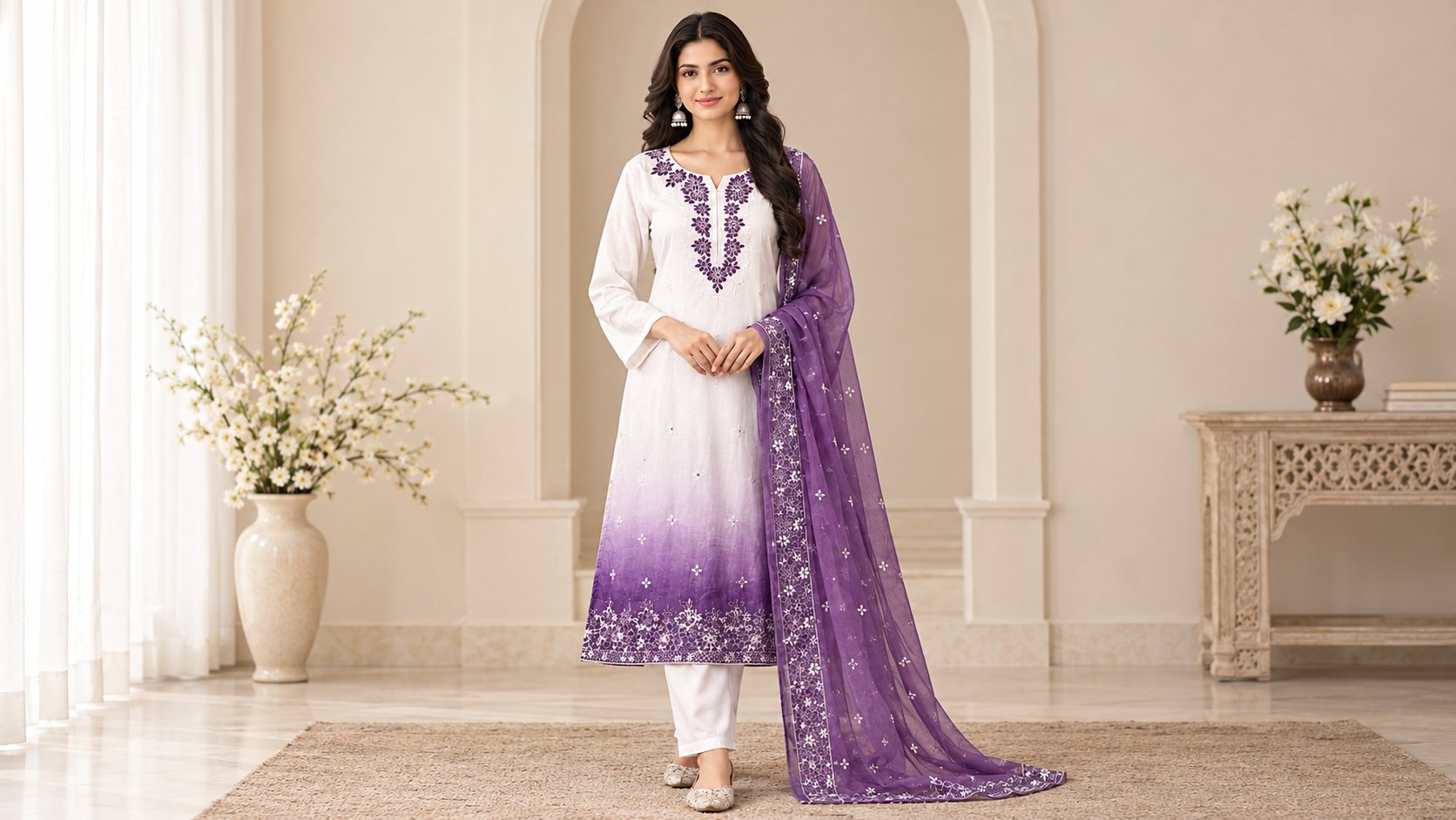 Model wearing the Moonlight White & Purple Ombre Embroidered Suit Set