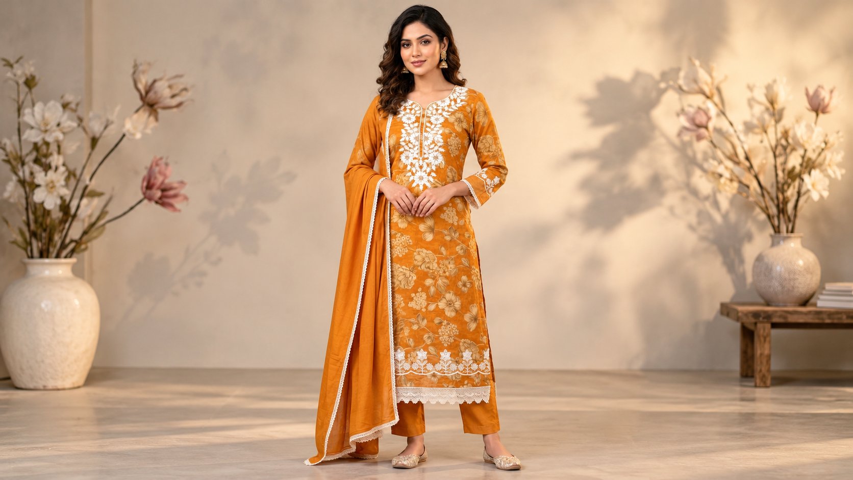 Model wearing the Mustard Bloom Floral Embroidered Suit Set