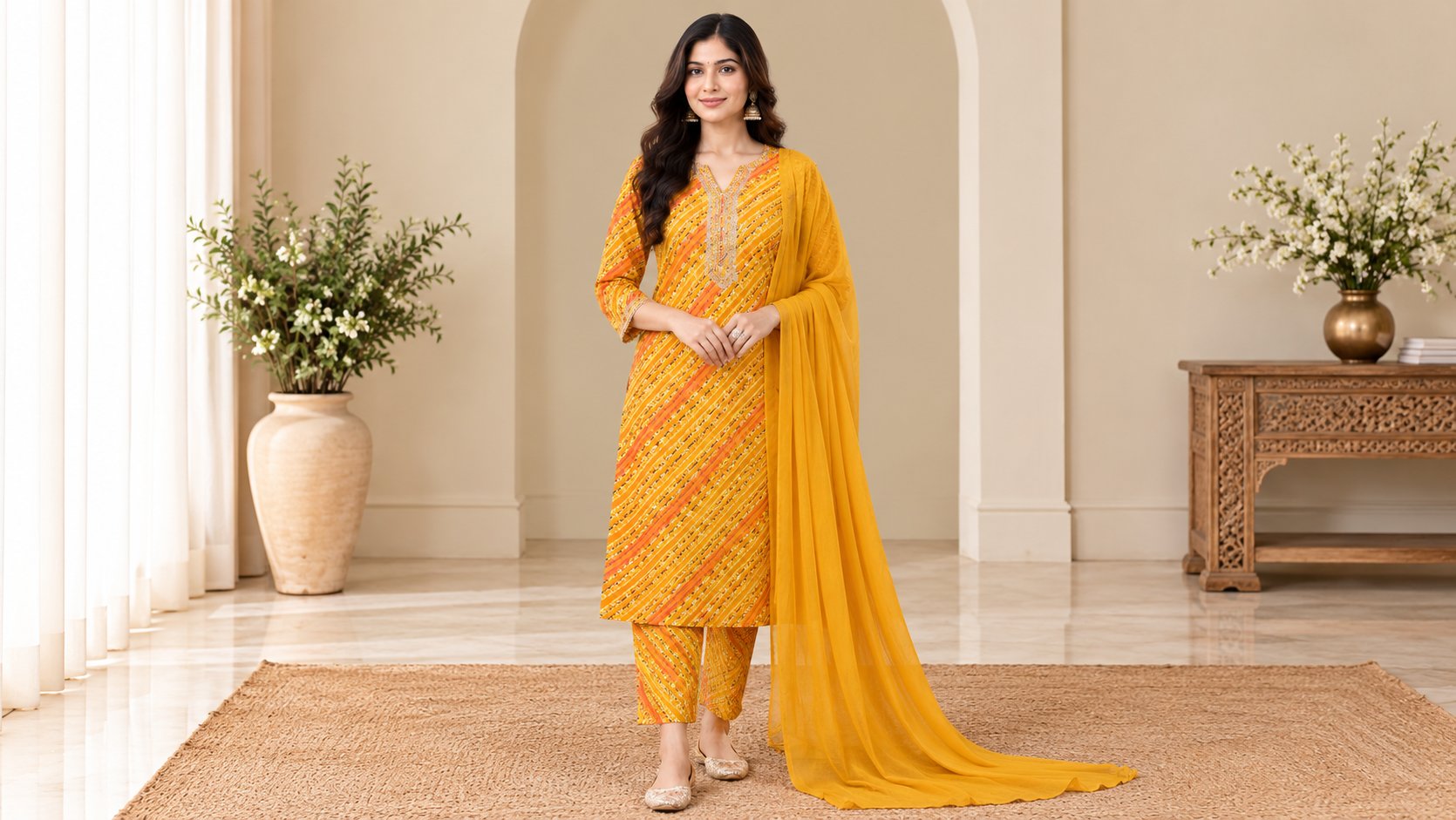 Model wearing the Mustard Sunshine Printed Suit Set