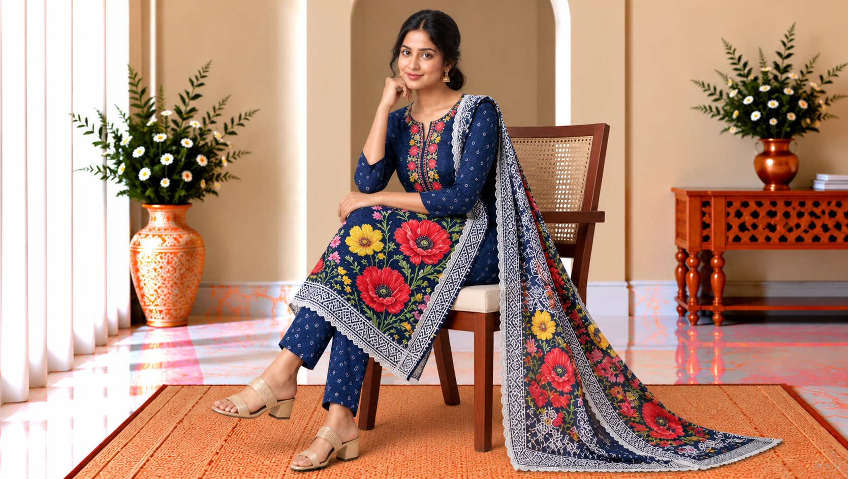 Model wearing the Navy Blue Multicolour Floral Printed Suit Set