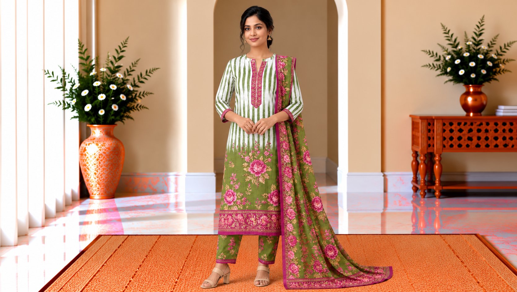 Model wearing the Olive Green & Pink Floral Printed Suit Set