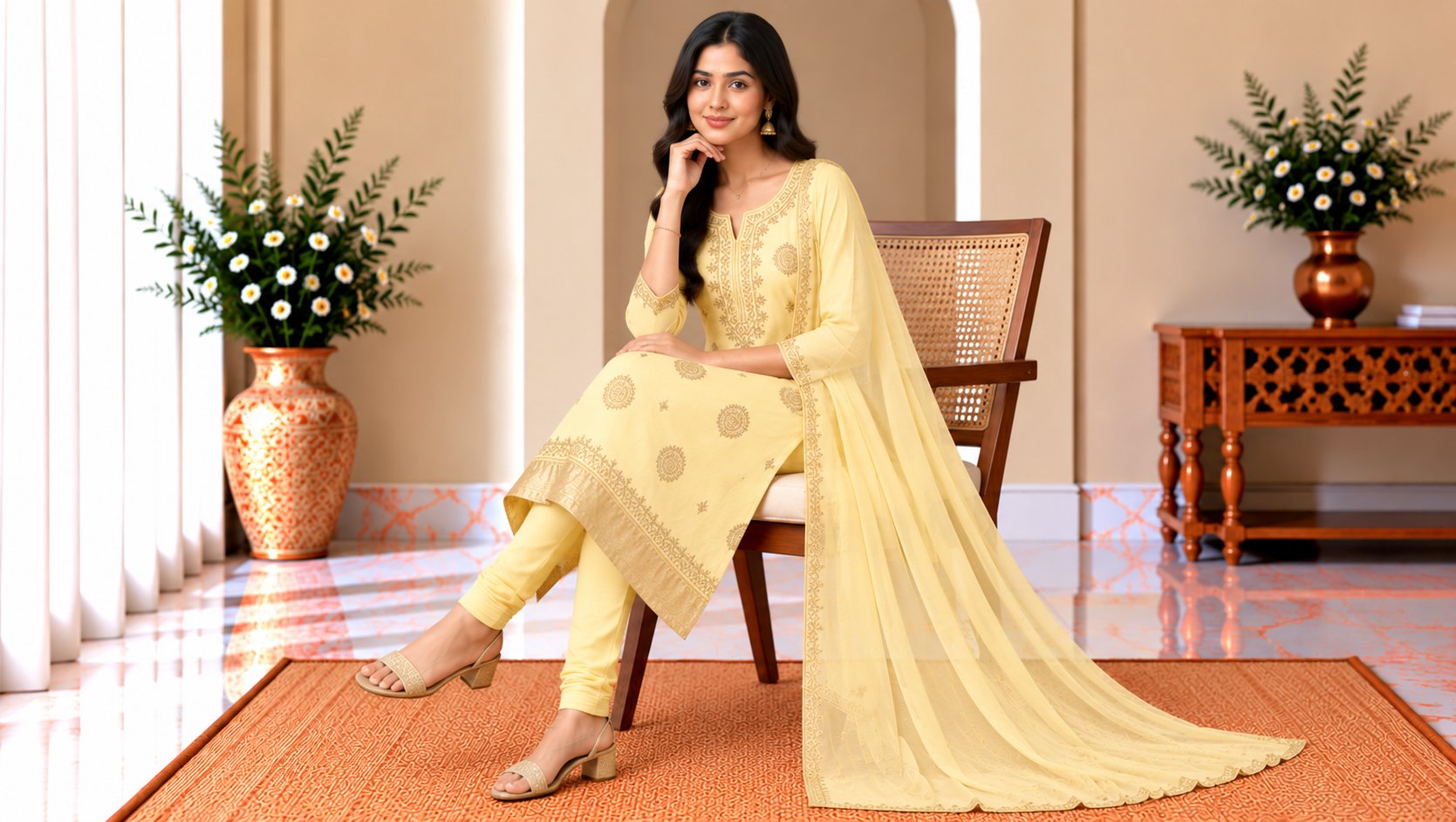 Model wearing the Pale Yellow Gold Embroidered Suit Set