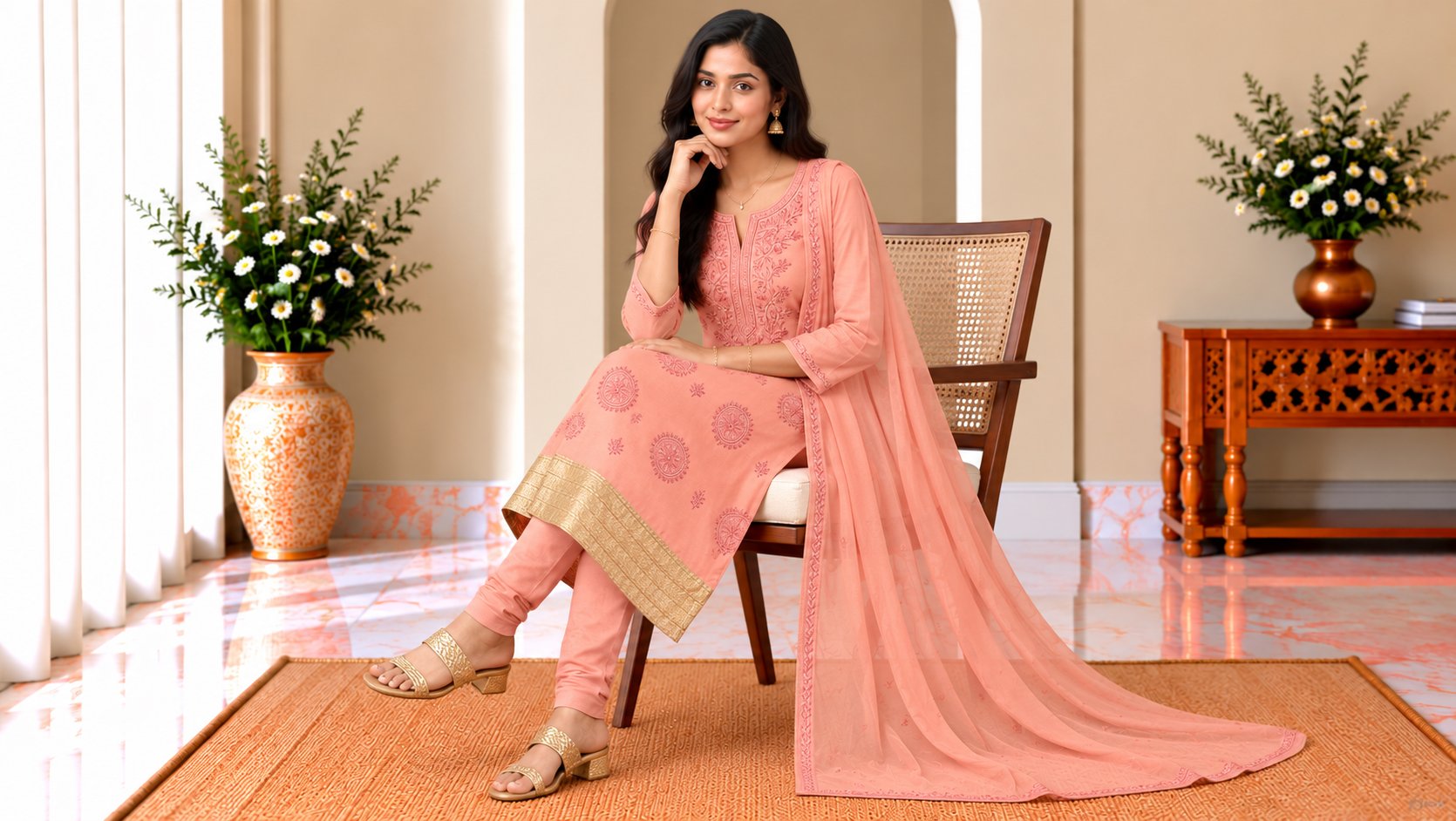Model wearing the Peach Pink Embroidered Suit Set