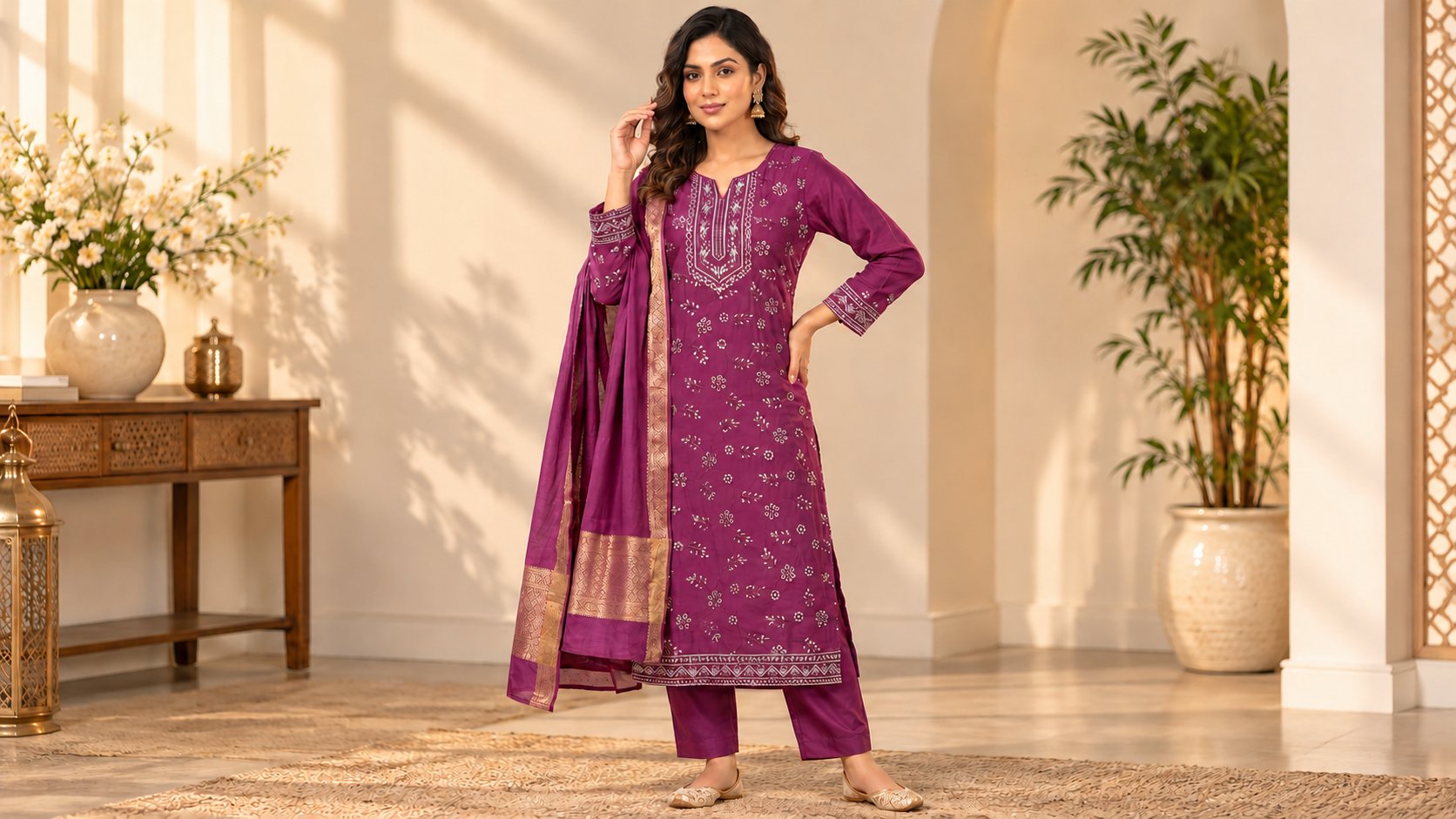 Model wearing the Plum Royale Embroidered Suit Set