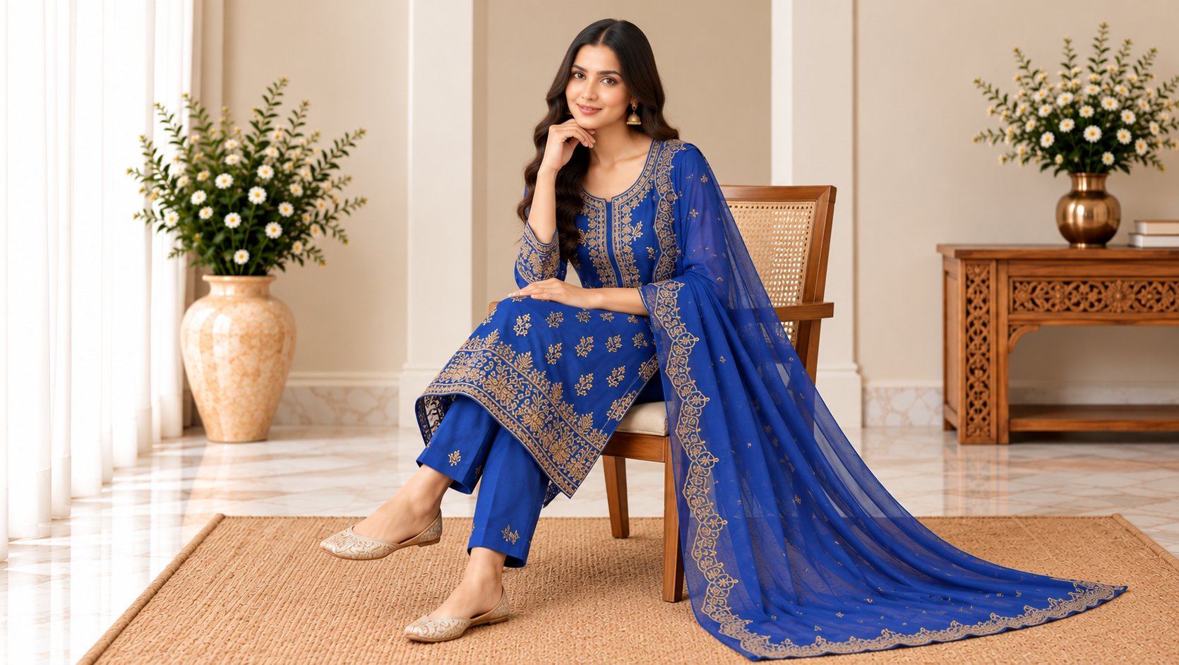 Model wearing the Royal Blue Embroidered Suit Set with Dupatta