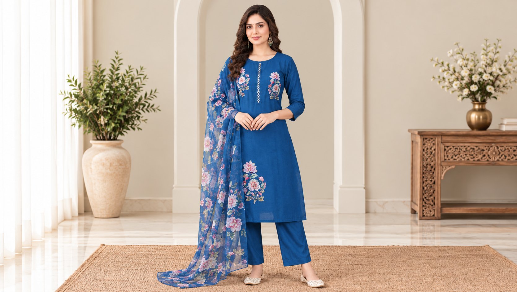 Model wearing the Royal Blue Roman Silk Floral Suit Set