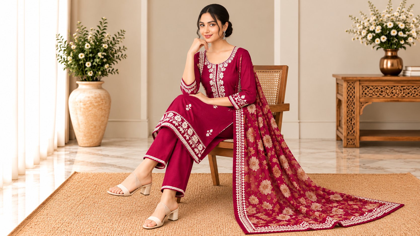 Model wearing the Ruby Maroon Floral Embroidered Suit Set