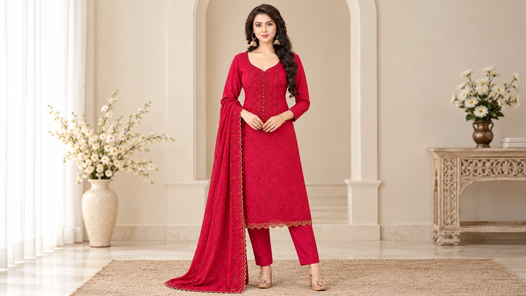 Model wearing the Ruby Red Embroidered Suit Set