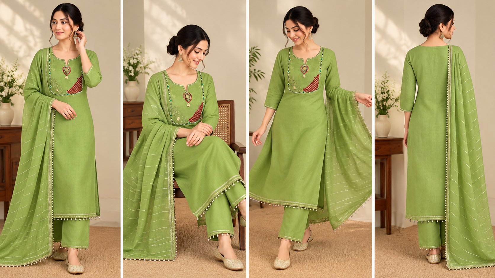 Model wearing the Sage Green Elegance Embroidered Suit Set
