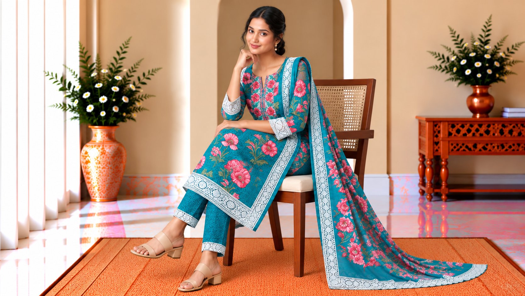 Model wearing the Teal Blue & Pink Floral Printed Suit Set